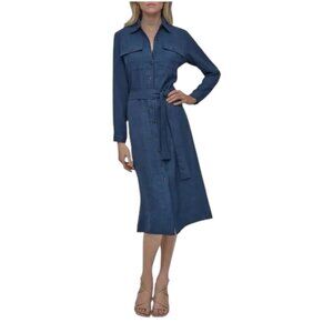 DKNY Denim Blue Long Sleeve Belted Midi Shirtdress Cotton Robe Dress Size 6